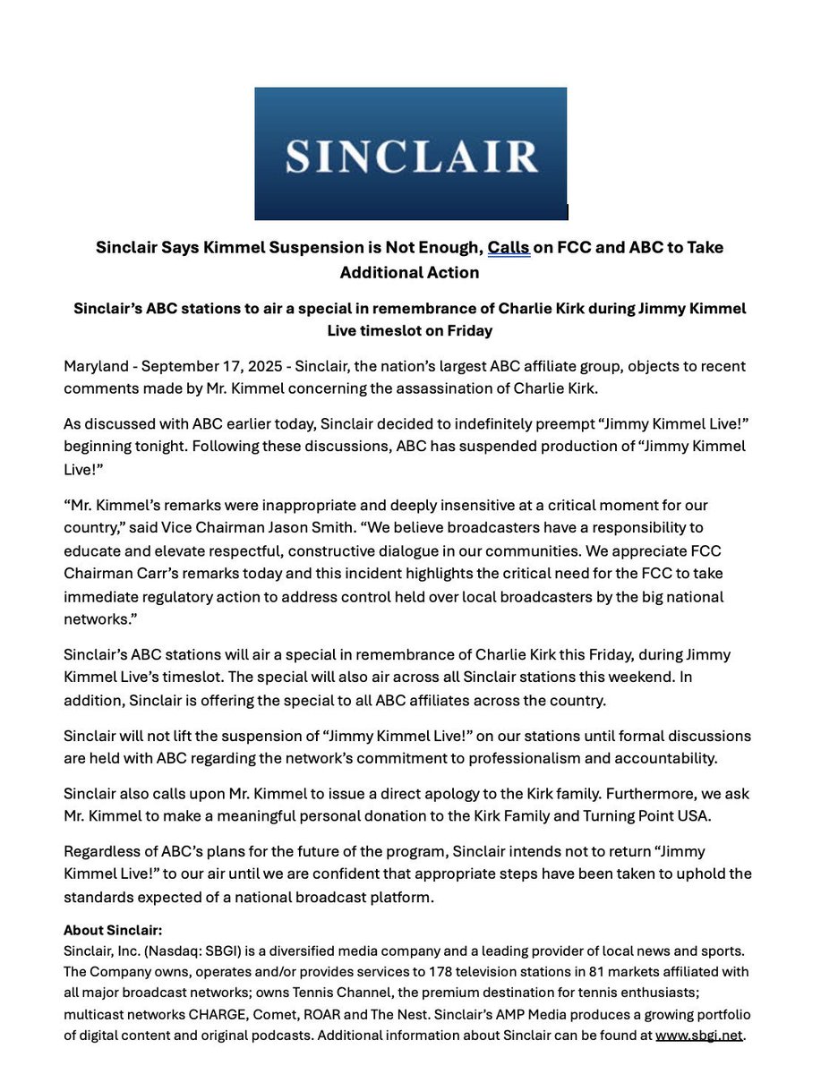 AutismCapital's tweet image. 🚨UPDATE: It gets even better! The largest ABC affiliate also called on Jimmy Kimmel to issue a direct apology to Charlie Kirk&apos;s family and also make a &quot;meaningful personal donation&quot; to the Kirk family and Turning Point USA. Winning!!!