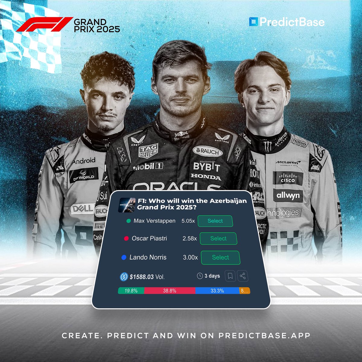 PredictBase's tweet image. 🏎️ For all the Formula 1 fans!

🏁 Who will win the Azerbaijan Grand Prix? 

🔥 Our F1 markets are heating up—don’t miss your chance to place your bets!

👉 Visit predictbase.app or open our @baseapp mini app to join the action!