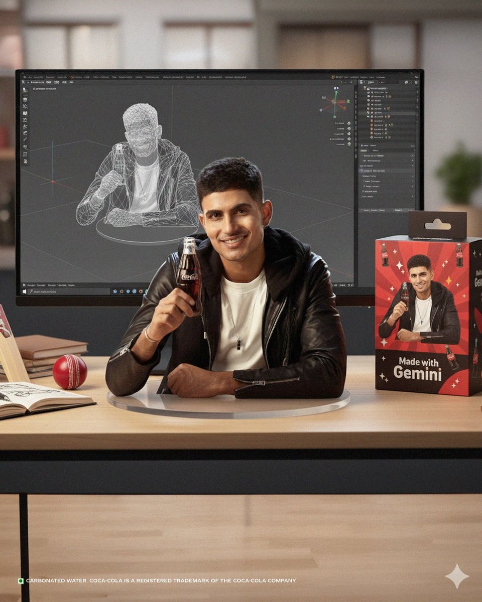 NanoBanana_labs's tweet photo. The internet’s favourite Coke paglus.
#NanoBanana #WithGoogleGemini

Follow @NanoBanana_labs for more prompts and ideas✨

Prompt :Create a commercial 1/18 scale collectible action figure based on the attached image, rendered in a hyper-realistic style within a real-world computer desk workspace.
The figure is displayed on a computer desk, standing on a transparent acrylic base with no text or logos.
Next to it, include a branded action figure box with a clear plastic front window, showing the figure inside, styled like professional collectible packaging.
On the computer screen behind, show the digital sculpting process inside ZBrush, making it clear that the figure was designed in 3D.
The environment must clearly show a desk setup with monitor, keyboard, and small desk accessories.
Lighting should be bright, evenly diffused studio lighting, with controlled highlights and soft shadows, emphasizing the fine details of the figure, the box with its transparent window, and the acrylic base