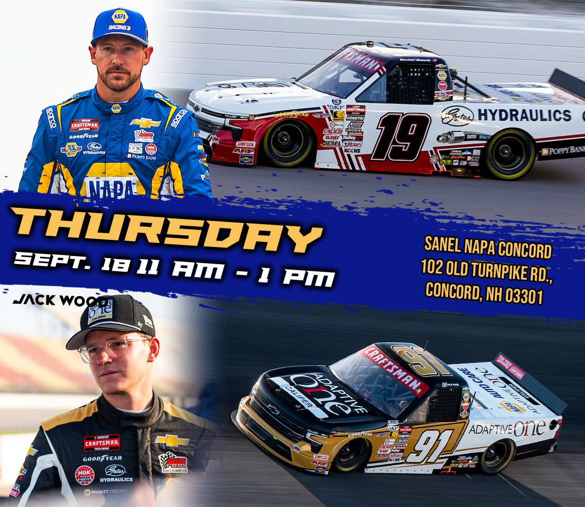 Bill McAnally Racing (@bmr_nascar) on Twitter photo Calling <a href="/NHMS/">New Hampshire Motor Speedway</a> race fans!
Come meet <a href="/DanielHemric/">Daniel Hemric</a> & <a href="/DriverJackWood/">Jack Wood</a> tomorrow at Sanel NAPA Auto Parts in Concord from 11a-1pm tomorrow!
๐ 102 Old Turnpike Rd., Concord, NH
03301
The #19 & 91 trucks will be on display! #NASCAR Calling <a href="/NHMS/">New Hampshire Motor Speedway</a> race fans!
Come meet <a href="/DanielHemric/">Daniel Hemric</a> & <a href="/DriverJackWood/">Jack Wood</a> tomorrow at Sanel NAPA Auto Parts in Concord from 11a-1pm tomorrow!
๐ 102 Old Turnpike Rd., Concord, NH
03301
The #19 & 91 trucks will be on display! #NASCAR