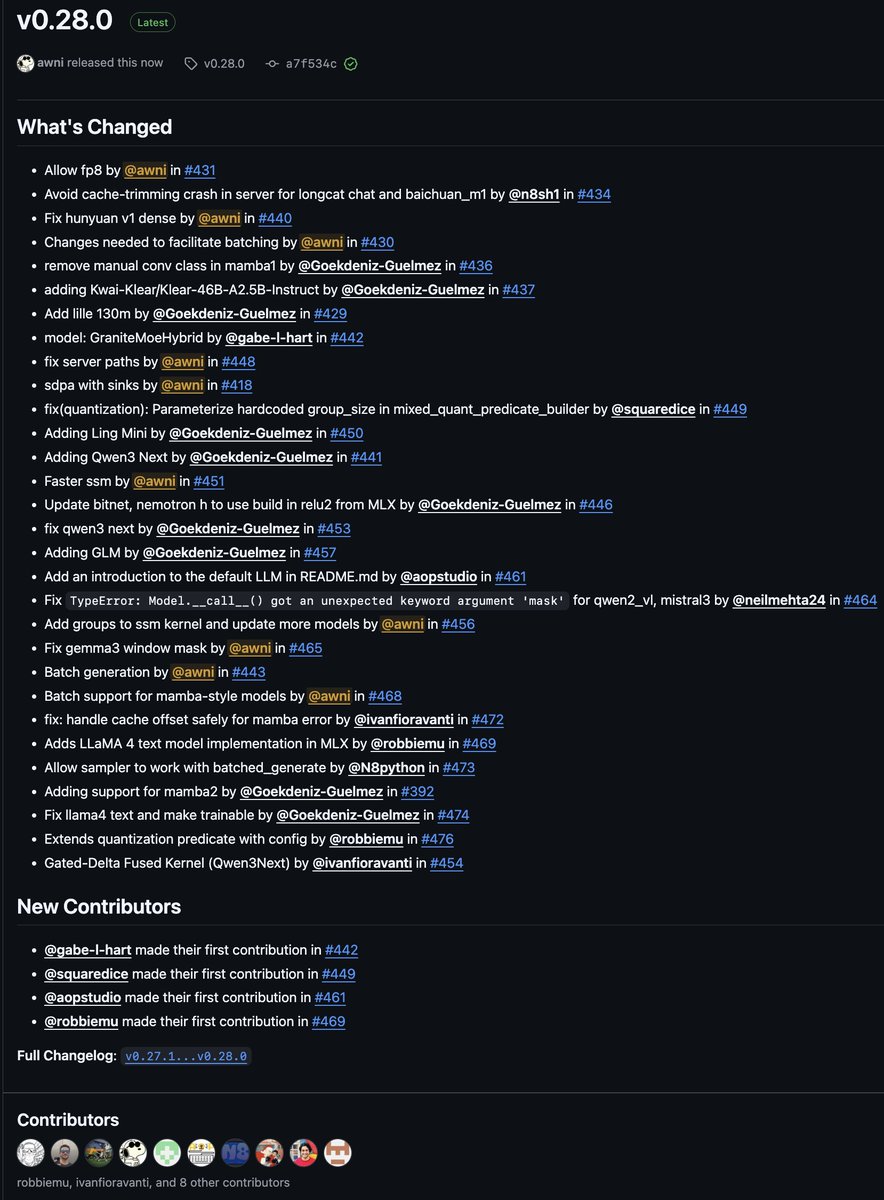 awnihannun's tweet image. Big mlx-lm release:
pip install -U mlx-lm
- A bunch of new models: Qwen3 Next, Ling Mini, Meta's MobileLLM, and more
- Batch generation
- Nice speedups for SSM and hybrid SSM models
- Faster prompt processing for GPT-OSS