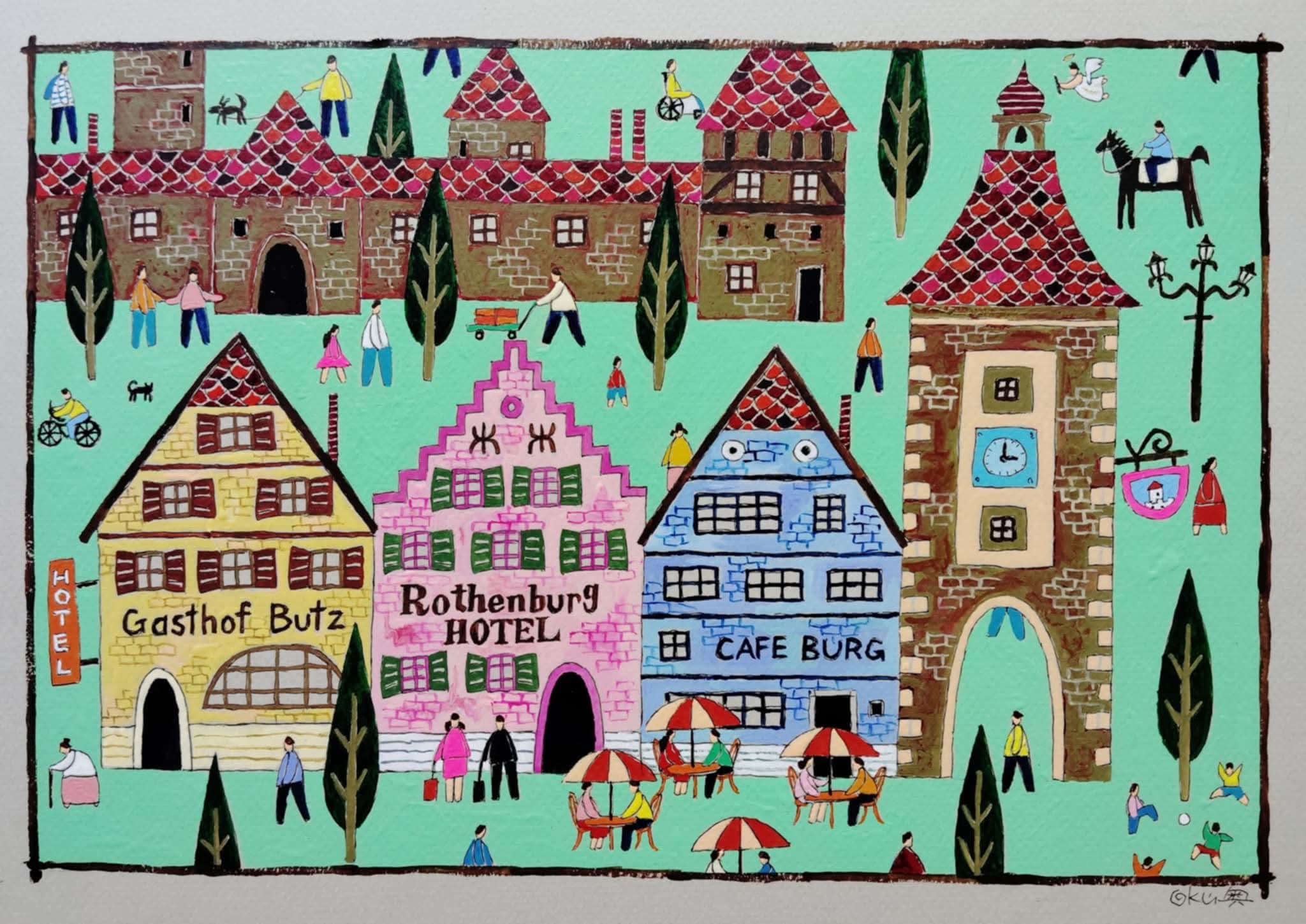 奥村ユズル　水彩画原画　ドイツ古城街道のカフェ 奥村ユズル水彩画原画ドイツ古城街道のカフェ