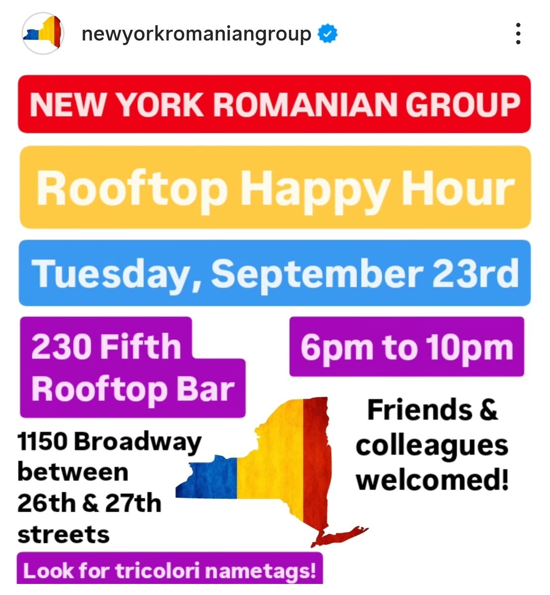 RomaniaNY's tweet photo. 🇷🇴 Community Gathering in NYC!
📣 Join the monthly #NYROGroup meetup next Tue, Sept 23 at 230 Fifth Rooftop Bar (1150 Broadway).
⏰ 6–10 PM
👥 Open to all Romanians in NYC + friends &amp; colleagues!
💫 Let’s celebrate culture, community &amp; friendship together!
#WeRecommend https://t.co/aio8AihZt2