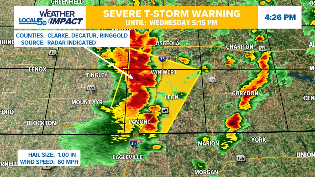ALERT: A Severe Thunderstorm Warning is in effect until 9/17 5:15PM for Decatur, Ringgold, Clarke Co. Seek shelter indoors until this storm passes your area! #IAWX