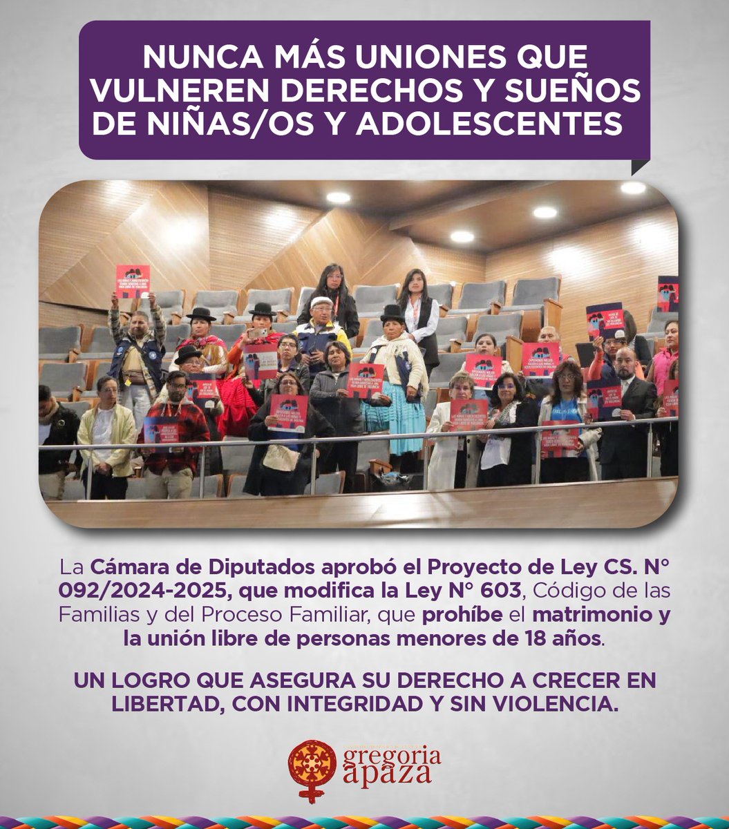 ¡Gran y esperada noticia para Bolivia!

Desde el Centro de Promoción de la Mujer Gregoria Apaza celebramos la aprobación de la ley que prohíbe el matrimonio y la unión libre de personas menores de 18 años.

#NiñasNoMadres #InfanciasProtegidas #GregoriaApaza #NiñasSinViolencia