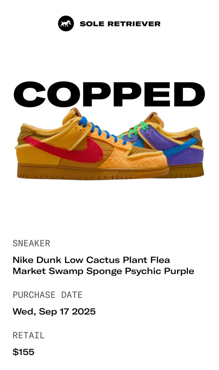 lojo750's tweet photo. I just copped the Nike Dunk Low Cactus Plant Flea Market Swamp Sponge Psychic Purple with @SoleRetriever
https://t.co/B7eeO5Zvpd https://t.co/Ut8uNlAr04