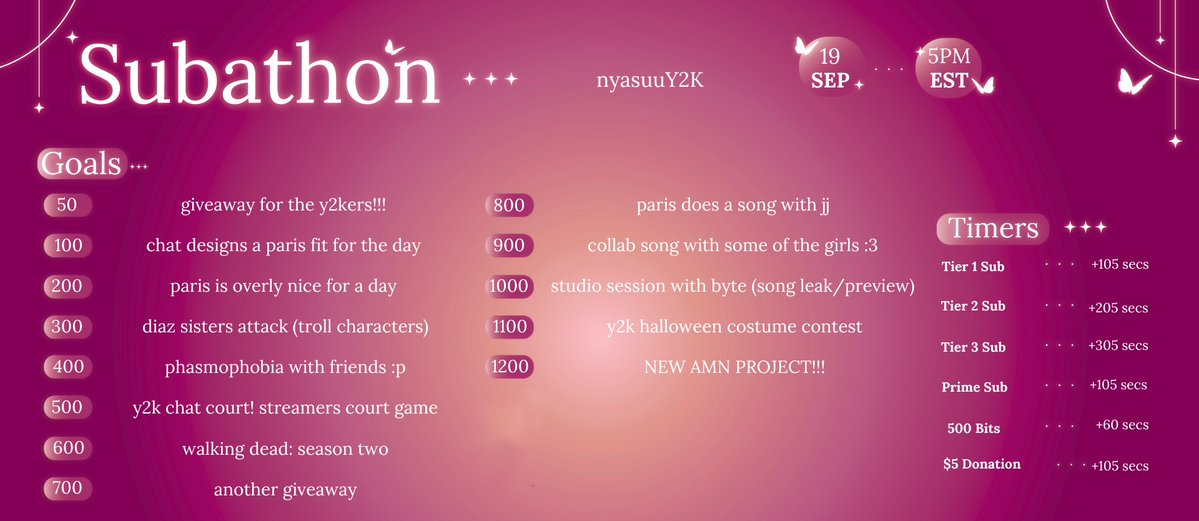 im doing my first ever uncapped subathon on friday aka september 19th!!! starting at 4 or 5 pm est :p

check the goals here!! get ur cards ready!!