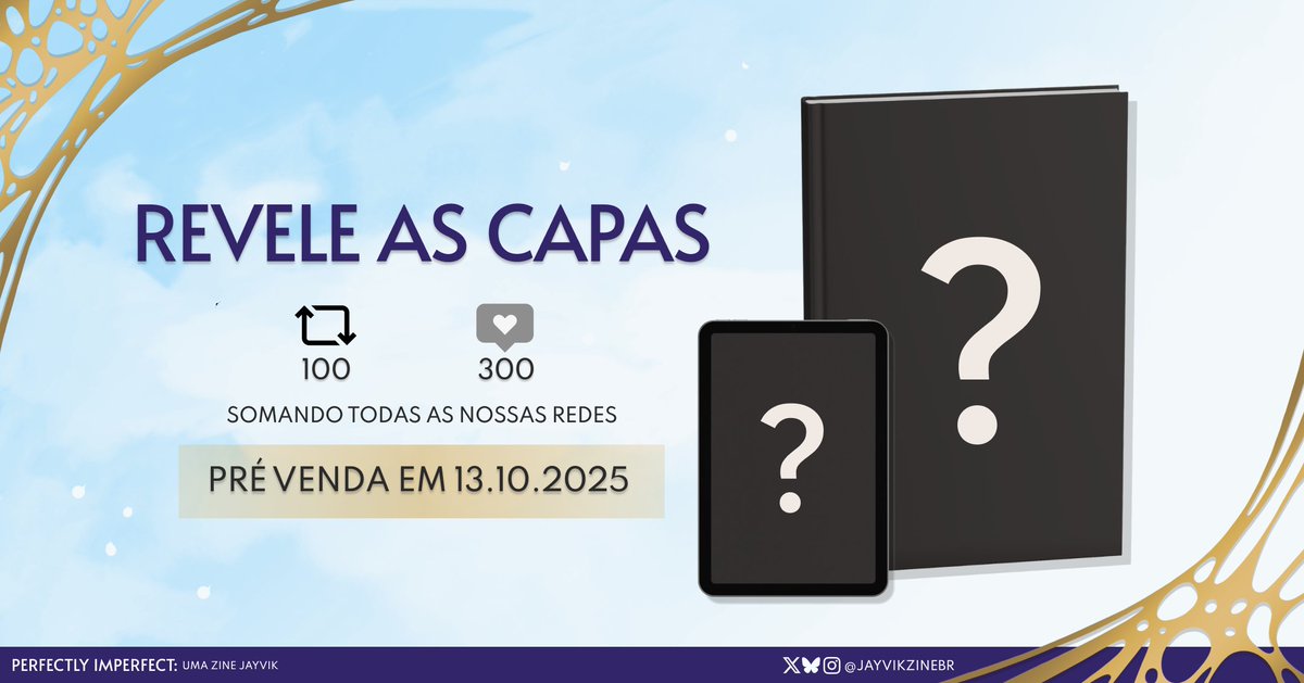 ✨️ O lançamento está chegando e nossa equipe preparou tudo com muito carinho. E antes de vocês conferirem a zine completa, já dá pra ter um gostinho: as capas! 👀

Para liberar a revelação precisamos bater a meta:

🔁 100 RTs + ❤ 300 curtidas

#jayvik #jayvikzinebr