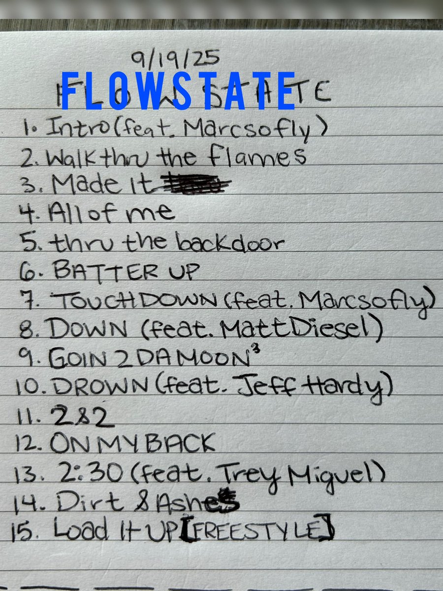 TheBadReed's tweet image. Track-list for 
F L O W S T A T E

1 more day ! 

features 🤯 
@MarcSoFly @TheMattDiesel @TheTreyMiguel @JEFFHARDYBRAND