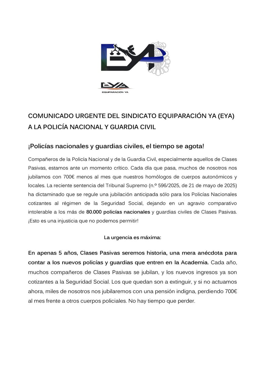 EYAPolicia's tweet image. ⚠️ Comunicado urgente del sindicato EYA 📄 

 #EquiparaciónYa
