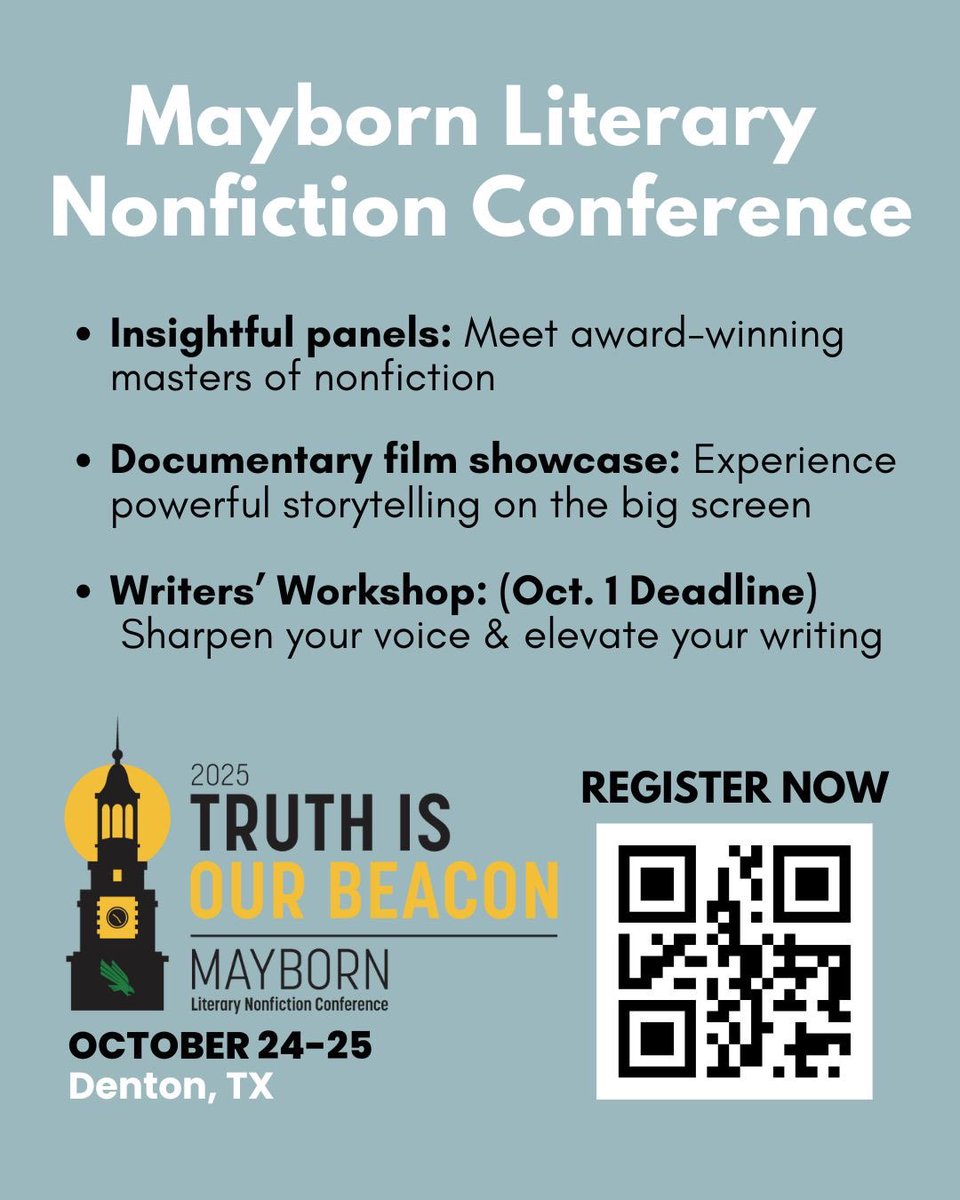 MaybornLitCon's tweet photo. Meet Our Speakers: Anna Malaika Tubbs

Registration for the October 24-25 Mayborn Literary Nonfiction Conference is open at: https://t.co/sN1LAVIflq

And check out our writer’s workshops.
 
Registration for the Mayborn Writer’s Workshops closes October 1, 2025 https://t.co/a3xLUOq9JK