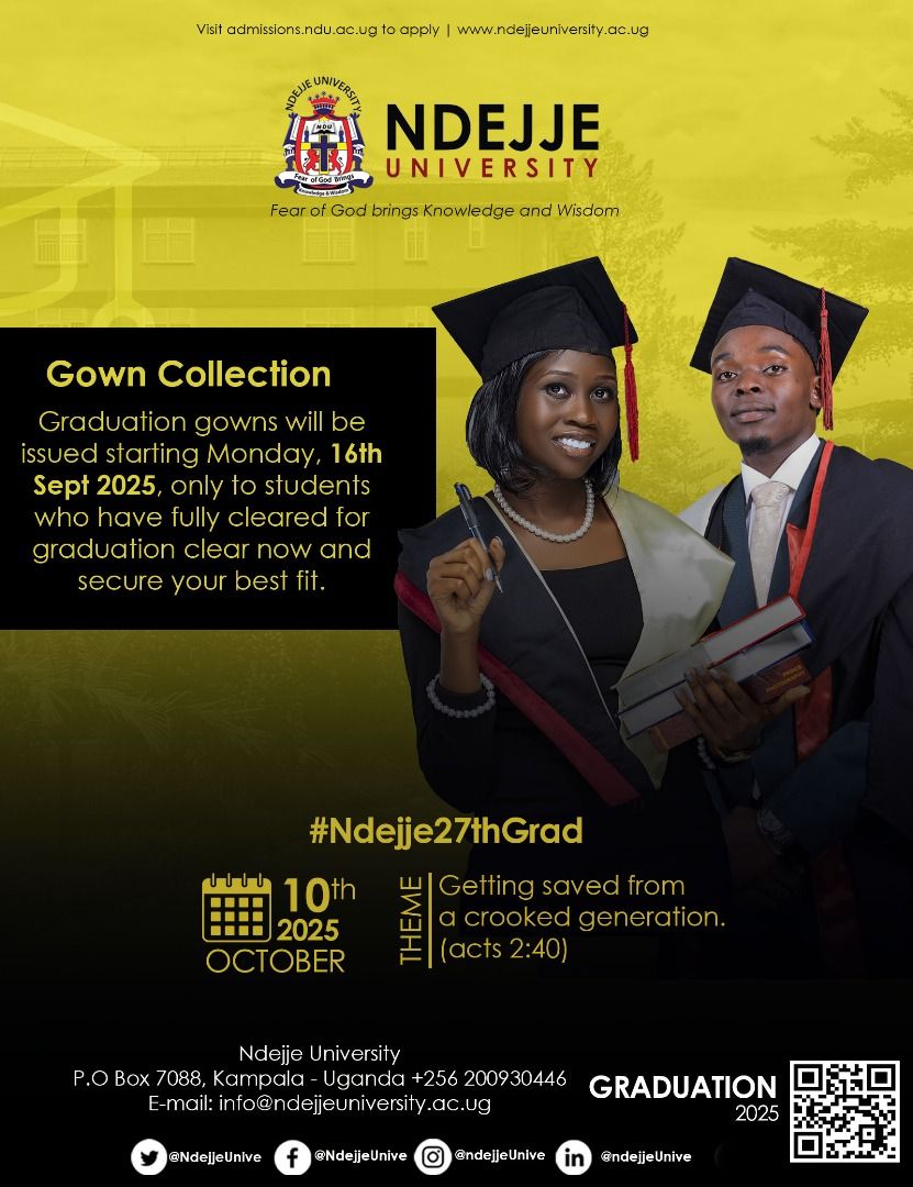 NdejjeUnive's tweet photo. Graduands, it’s time!
Pick up your graduation gown, choose your time slot, and get your perfect fit.
Be ready to shine at #Ndejje27thGrad!
#GraduationReady #NdejjeUniversity https://t.co/J1AHuXKtca