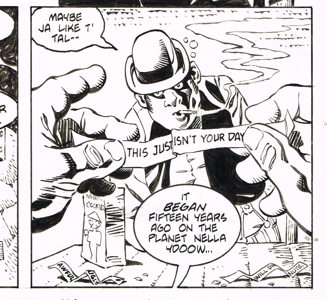 Random panels I have drawn.

This is from "The Midget and the Eyeball", a story written by Douglas Wheeler that appeared in the Alien Encounters comics anthology back in 1987. #screwytuesday #comicbooks #radompanelsihavedrawn #cartooning #brushinking #inking