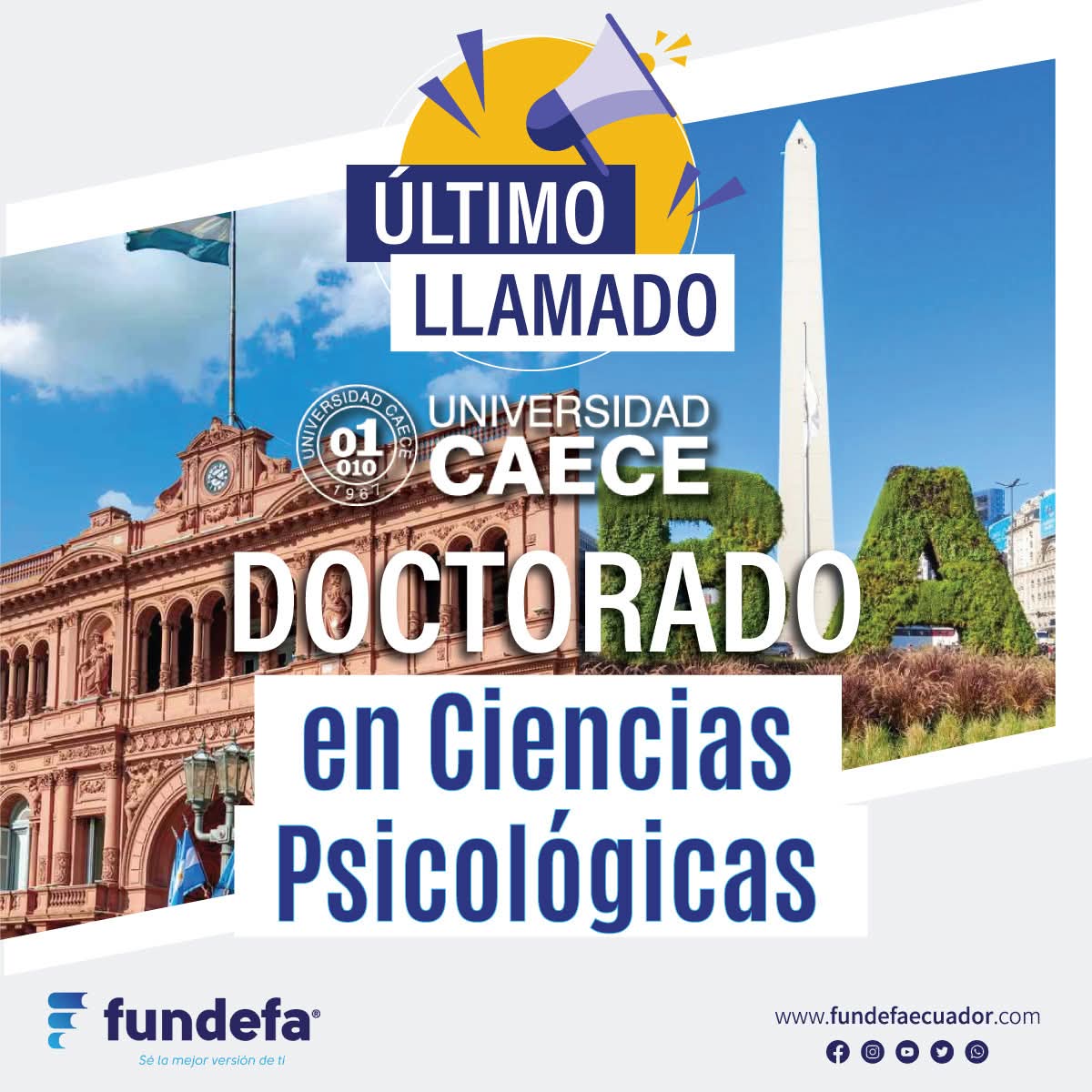 fundefa's tweet image. 🇦🇷✈️🇪🇨 ¡𝐔́𝐋𝐓𝐈𝐌𝐀 𝐋𝐋𝐀𝐌𝐀𝐃𝐀❗

La convocatoria para el Doctorado en Ciencias Psicológicas de la Universidad CAECE  (𝐂𝐞𝐧𝐭𝐫𝐨 𝐝𝐞 𝐀𝐥𝐭𝐨𝐬 𝐄𝐬𝐭𝐮𝐝𝐢𝐨𝐬 𝐞𝐧 𝐂𝐢𝐞𝐧𝐜𝐢𝐚𝐬 𝐄𝐱𝐚𝐜𝐭𝐚𝐬) de Argentina está a punto de cerrarse. 🇦🇷

No pierdas la oportunidad