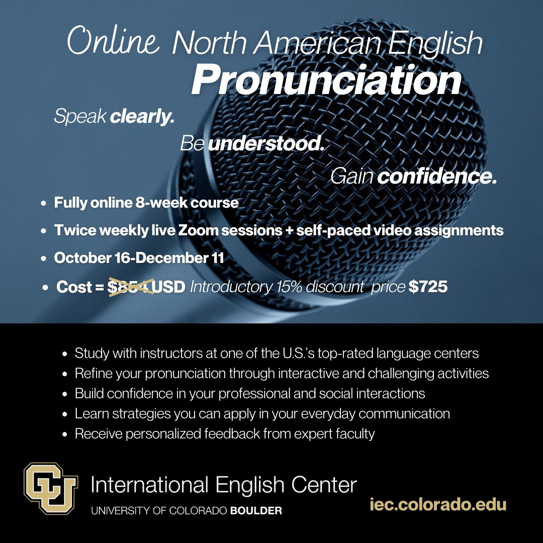 Polish your English pronunciation from anywhere in the world with IEC Online at the International English Center! Our North American English Pronunciation course helps you refine your speech with individual feedback and engaging activities. #IECOnline #CUBoulder