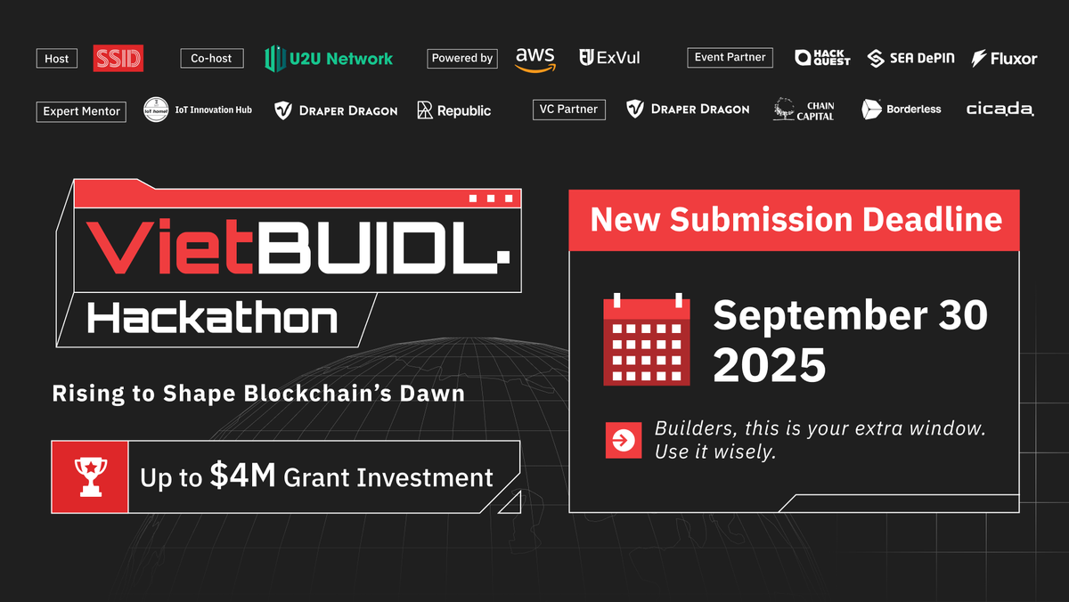 _AmucheMadu's tweet image. 🚨 Deadline extended!

The #VietBUIDL Hackathon isn’t slowing down—hundreds of projects are already building, and now you’ve got more time to shine.

⏳ New deadline: Sept 30
💰 $4M in prizes
🔗 Powered by @u2u_xyz

👉 Start BUIDLing: hackathon.ssid.com.vn

#U2UNetwork  #U2U