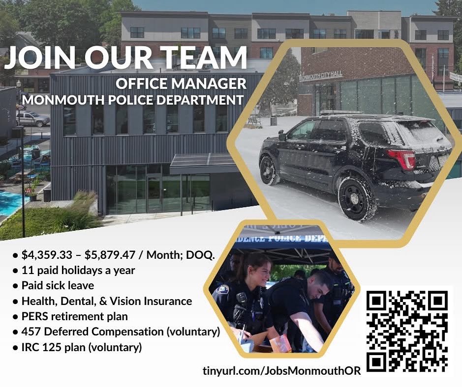 MonmouthPolice's tweet photo. The Monmouth Police Department is seeking an Office Manager. To learn more about the position, visit https://t.co/NoxsQTPV9H. This position is open until October 15, 5:00 pm. Apply today to join our amazing team. https://t.co/jOxYH5ppSk