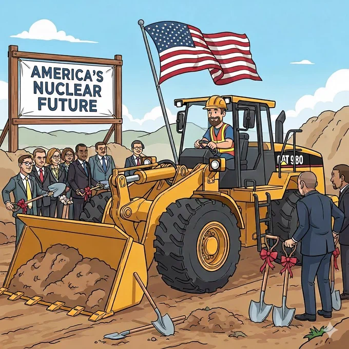 A wheel loader moves dirt at a ground breaking ceremony. There is a banner that says America's nuclear future.