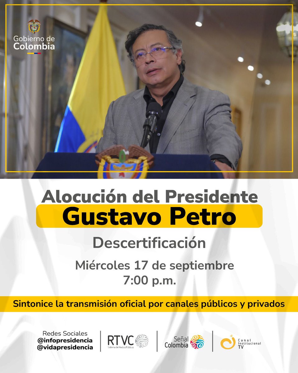 infopresidencia's tweet photo. 🔴Esta noche a las 7 p. m. el Presidente @PetroGustavo se dirigirá a todos los colombianos y colombianas en Alocución Presidencial.

Conéctate por las plataformas digitales de @infopresidencia, @InstitucionalTV o el canal de tu preferencia. https://t.co/N7Yj0MK3Lf