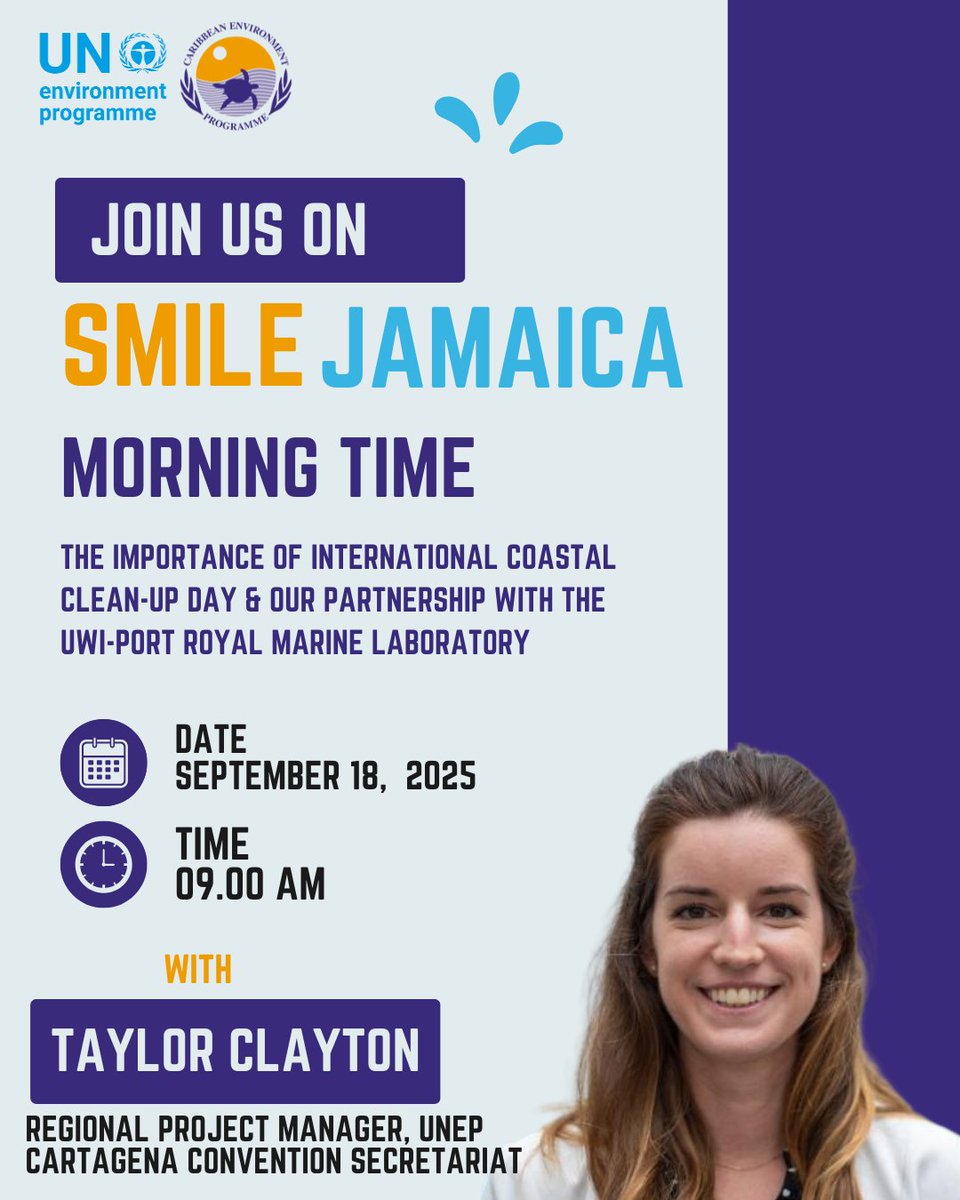UNEP_CEP's tweet image. 📺 Thurs, Sept 18 | 9:00 AM
Catch Taylor Clayon, Regional Project Manager @ UNEP Cartagena Convention, on Smile Jamaica TVJ 🌊
She’ll highlight #ICCD2025, marine litter, &amp;amp; our partnership with UWI Port Royal Marine Lab 🐠🌱
Tune in ➡️ Protect our coasts!
#CleanSeas #MarineLitter