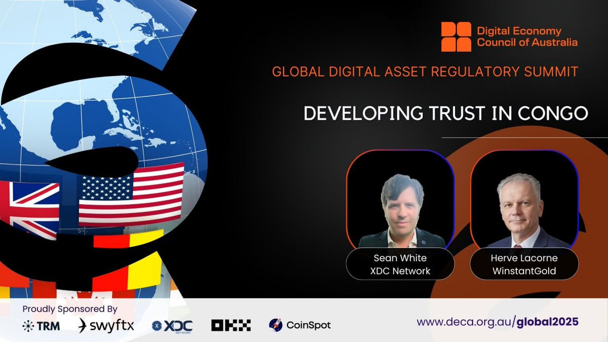 WinstantTech's tweet image. Hervé Lacorne will speak at GDAR 2025 on “Developing Trust in Congo,” moderated by Sean White.
Topic:  how the DRC is pioneering sovereign gold tokenization (SGRT) with  financial inclusion, fraud prevention, and climate-linked rewards.
📷 Register here: deca.org.au/global2025/