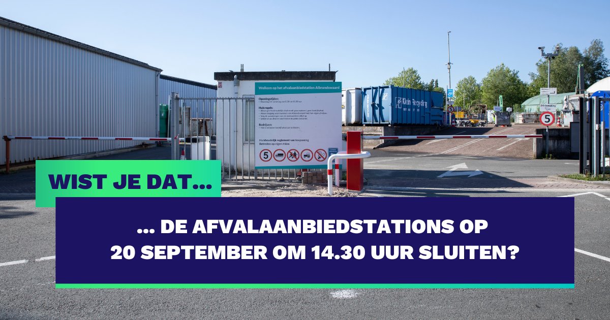 Op zaterdag 20 september sluiten de afvalaanbiedstations in Barendrecht en Albrandswaard om 14:30 uur vanwege een interne bijeenkomst voor medewerkers.

Op andere dagen ben je welkom tijdens de normale openingstijden.

#barafvalbeheer #barendrecht #albrandswaard
