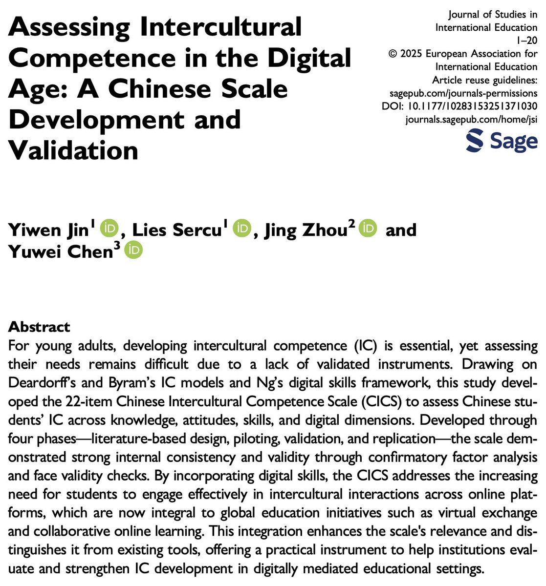 Assessing intercultural competence in the digital age: a Chinese scale development and validation

Yiwen Jin, @L_Sercu, Jing Zhou &amp; Yuwei Chen

→ doi.org/10.1177/102831…

#InterculturalCompetence #Assessment #HigherEducation #ScaleDevelopment #ScaleValidation #ChineseStudents