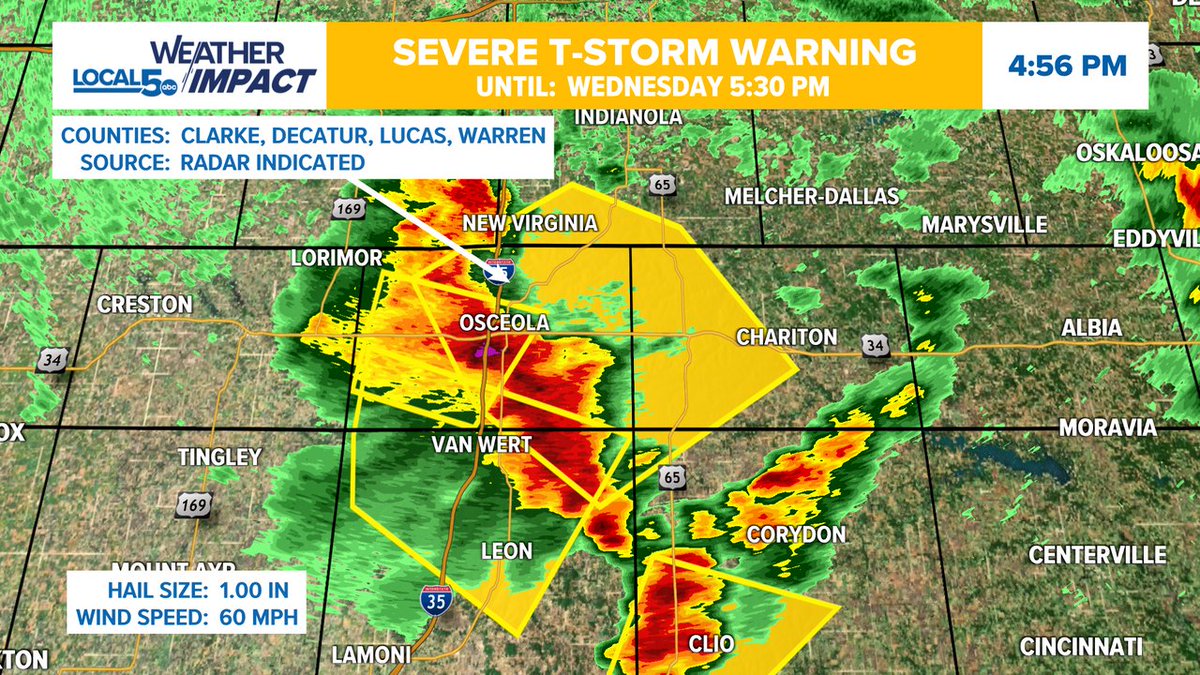 ALERT: A Severe Thunderstorm Warning is in effect until 9/17 5:30PM for Clarke, Lucas, Warren, Decatur, Wayne Co. Seek shelter indoors until this storm passes your area! #IAWX