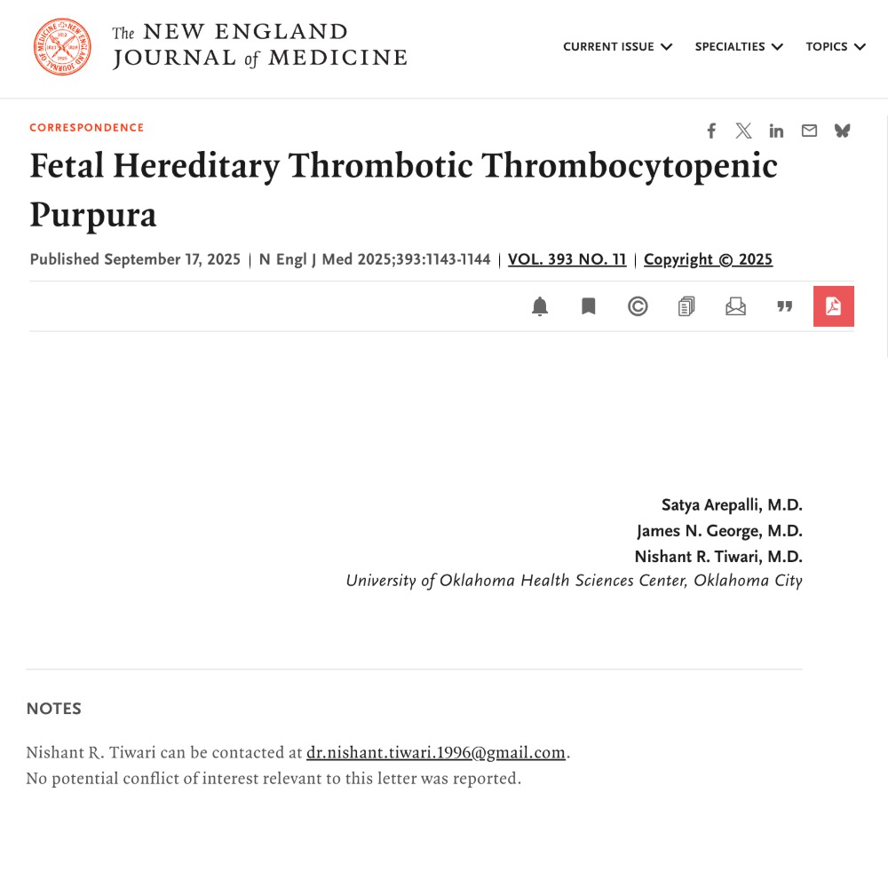 Nischistocyte's tweet image. A dream come true: Published in the @NEJM as Senior &amp;amp; Corresponding Author!
This milestone belongs to my village: my family, my incredible mentors (Dr George) &amp;amp; leaders, and my friends. 

This one is for you, Doctor Chacha, watching and celebrating from heaven. 🙏 God is good 😇