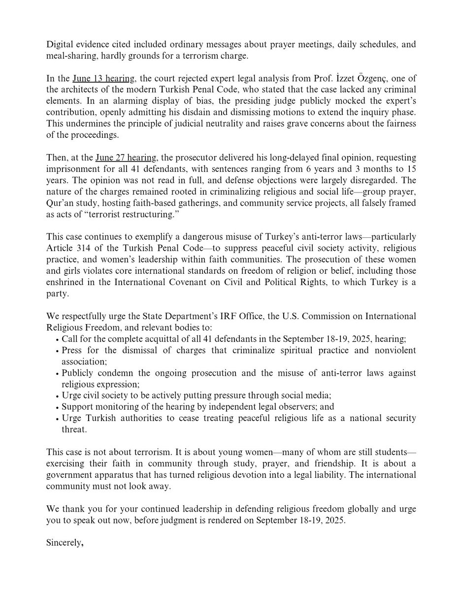 400 signatories call for immediate acquittal in the “Girls’ Trial” in 🇹🇷#Turkey and for international monitoring of the proceedings. 

The trial is not only an assault on freedom of religion but also on fundamental human rights.

Peaceful religious gatherings are framed as
