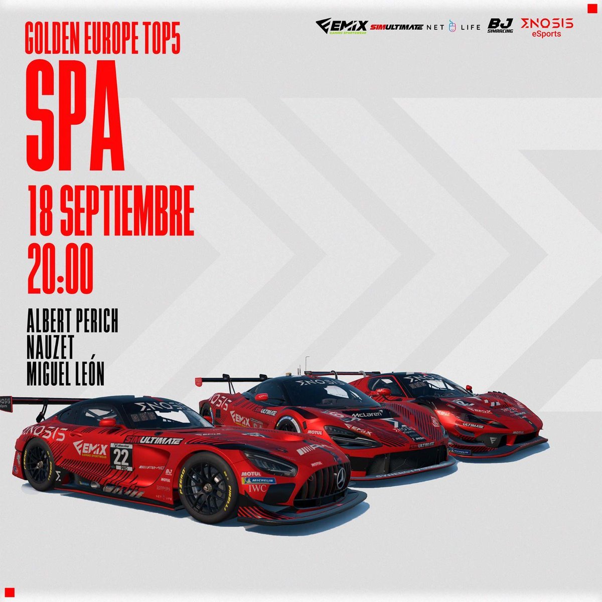 🏁 Golden Europe Top 5 

📆 Segunda cita del campeonato nos vamos de viaje hasta Bélgica.🚌 💨 

🗺️ Circuito de Spa-Francorchamps 

▶️ 18/09/2025 - 20:00h.

📺 youtube.com/@OldPlutoRacing 

📸 IG: oldplutoracing 

#iracing #eSports #simracing

<a href="/Emix_Gaming_/">EmixGaming</a>