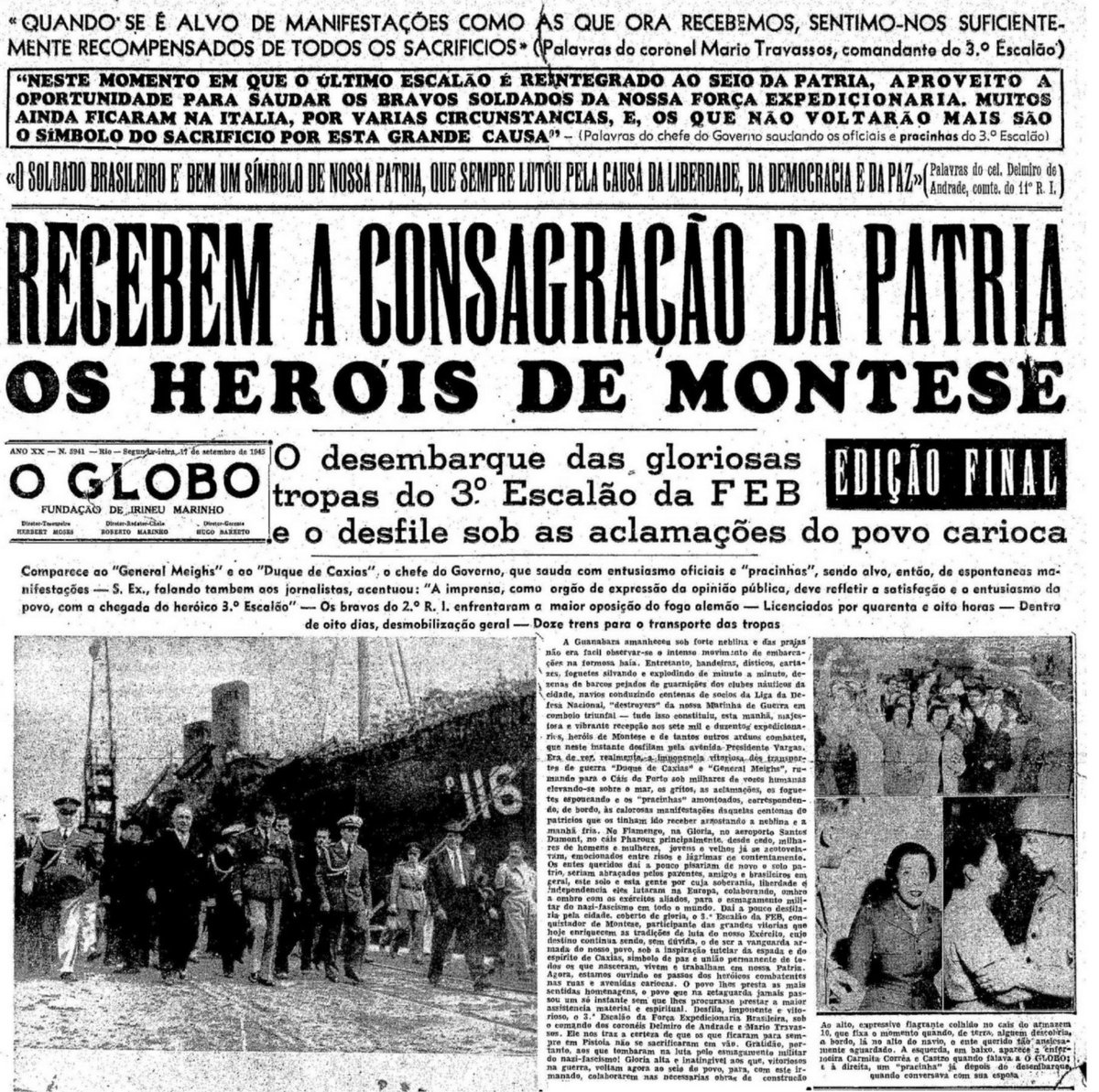 sentandoapua's tweet photo. Notícias da 2ª Guerra: 17SET1945-Recebem a consagração da Pátria os heróis de Montese
#SET45 #OGlobo #WWII #FEB #Montese #80anos @feb_brasil @exercitooficial https://t.co/CwYF5McaVx