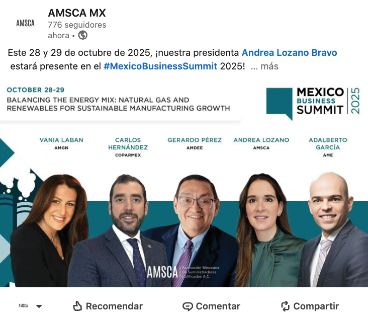 Este 28 y 29 de octubre de 2025, ¡nuestra presidenta Andrea Lozano Bravo estará presente en el hashtag#MexicoBusinessSummit 2025!

Serán dos días de discusiones de alto nivel, networking y colaboración con más de 2,000 líderes de diversas industrias: mexicobusiness.events/MBS/2025