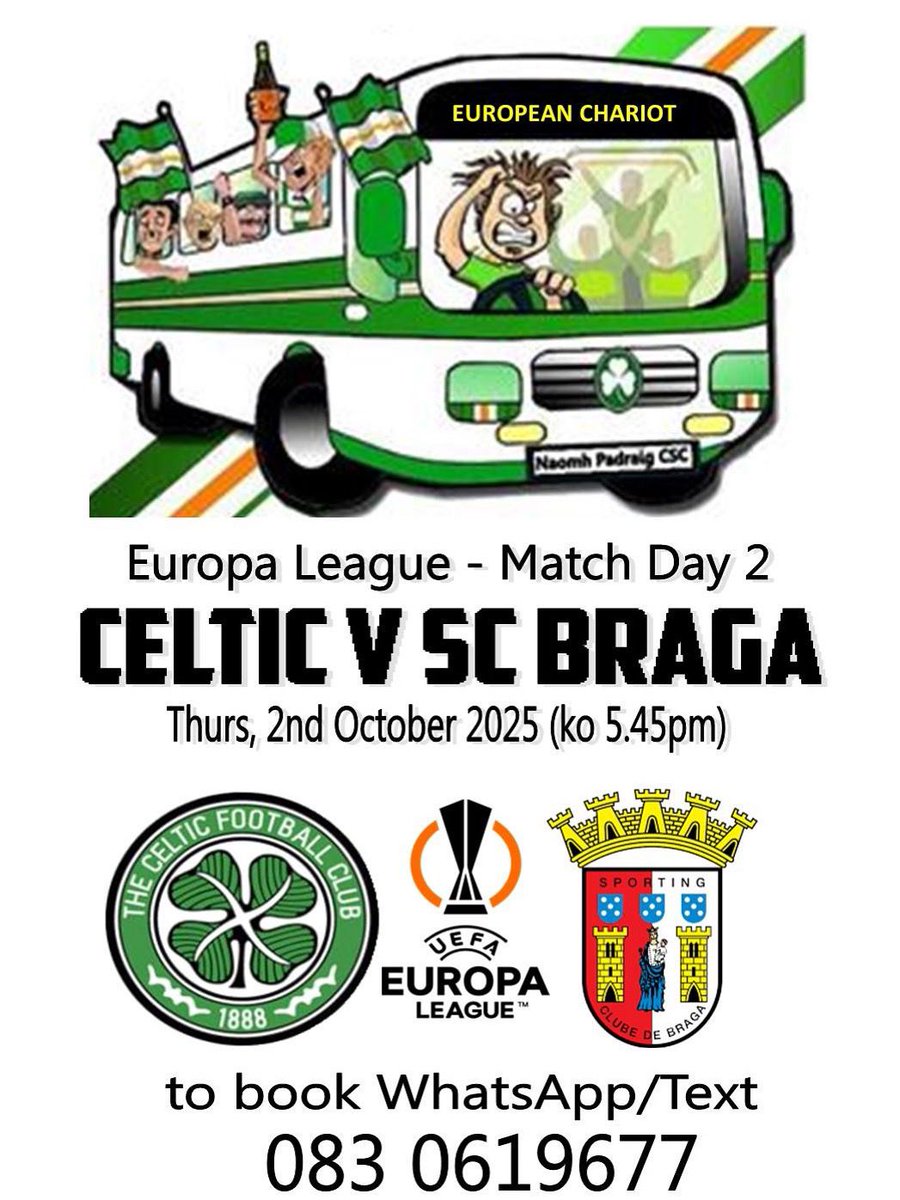 Bookings now open to any non members interested in travelling on the famous NPCSC Chariot to the Braga game on 2nd October.

For further info or to book text/WhatsApp 083-0619677 
🚍⛴️⚽️🍀🇮🇪💚