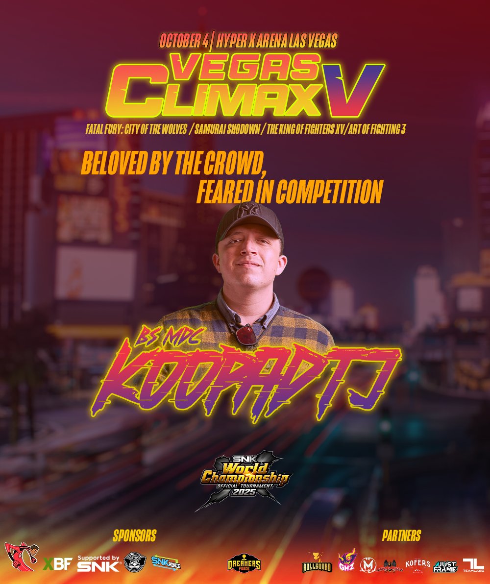 itzRomance's tweet photo. 🇺🇸🔥 BS MDC KOOPA 🔥🇲🇽🐃
#SNK #WCS #VC5 Beloved by the crowd and feared on the stage — Koopa, one of the strongest and most respected players from Tijuana, Mexico, joins Vegas Climax V.
Through @sherryjenix program and with the support of @SNKPofficial, Koopa was able to secure his visa after qualifying for last year’s SNK Finals. Since then, he has left his mark on the international scene, most recently earning his ticket to the SNK Finals in The King of Fighters XV after his EVO performance.
Now, KOOPA DTJ sets his sights on a second qualification — this time in Fatal Fury: City of the Wolves. Will he rise to the top in Las Vegas and secure another ticket to the Finals in a different title?
Don’t miss it LIVE at Luxor Casino, Las Vegas, Nevada — SNK Official Qualifier Event, October 4th, 2025 🥊 📝
👉 https://t.co/QqptNZZNTM