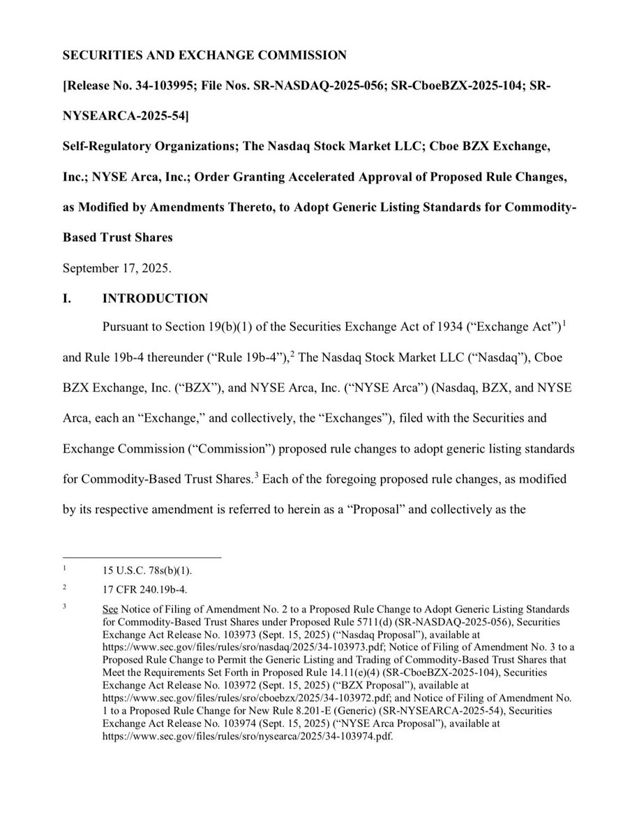 🚨JUST IN: The @SECGov has approved a generic listing standard for  commodity-based trust shares on the Nasdaq, CBOE and NYSE, a move that will  streamline the approval process for crypto exchange-traded products.