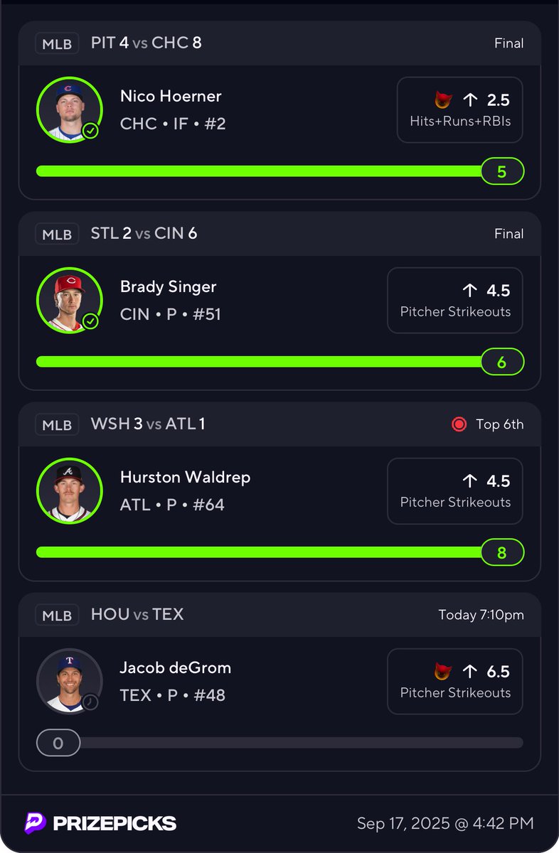 SlimProps's tweet image. Waldrep ✅ 

3 down… it’s all up to deGoat 🍀🍀🍀

Beautiful slip, don’t sell it please

Must win game for Rangers in Houston, to avoid a 3G sweep 👀

😅 Who’s sweating w me @ 7??? 

#PrizePicks #MLB #Props