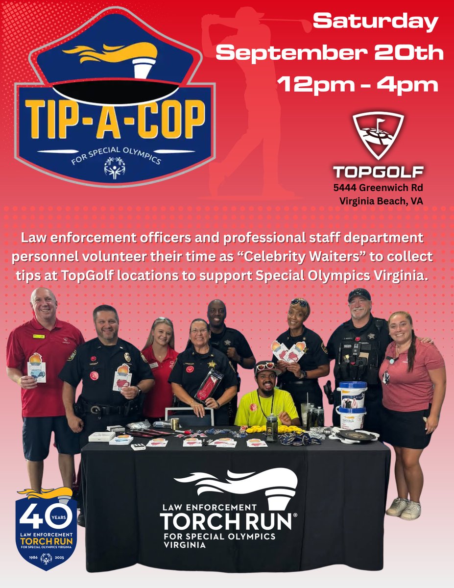 Stop by <a href="/Topgolf/">Topgolf</a> Virginia Beach Saturday for "Tip-A-Cop" with VBSO deputies and our <a href="/VBPD/">Virginia Beach Police Department</a> partners. We are raising money for Special Olympics VA and the Law Enforcement Torch Run 2026! We are proud to support this incredible organization and its spectacular athletes!