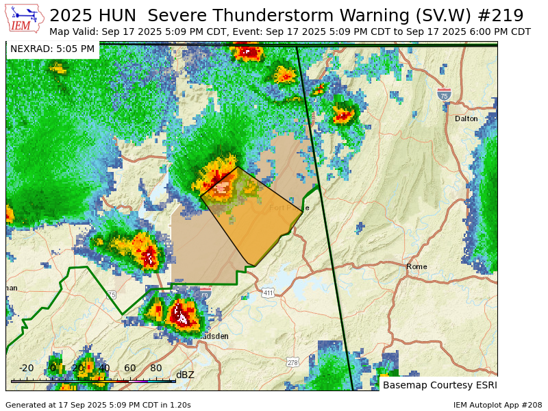 HUN issues Severe Thunderstorm Warning [wind: 60 MPH (RADAR INDICATED), hail: 0.75 IN (RADAR INDICATED)] for DeKalb [AL] till 6:00 PM CDT mesonet.agron.iastate.edu/vtec/f/2025-O-…