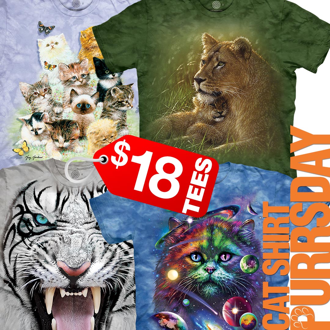 Cat Shirt PURRsday $18 Tees 10 Kittens, Safe Haven, BF Tribal White Tiger &amp; Cosmic Cat on Blue themountain.com/cat-shirt-purr… SHOP NOW #MountainArtwear #themountainteeshirts #themountainshirts #cats #kitten #pets