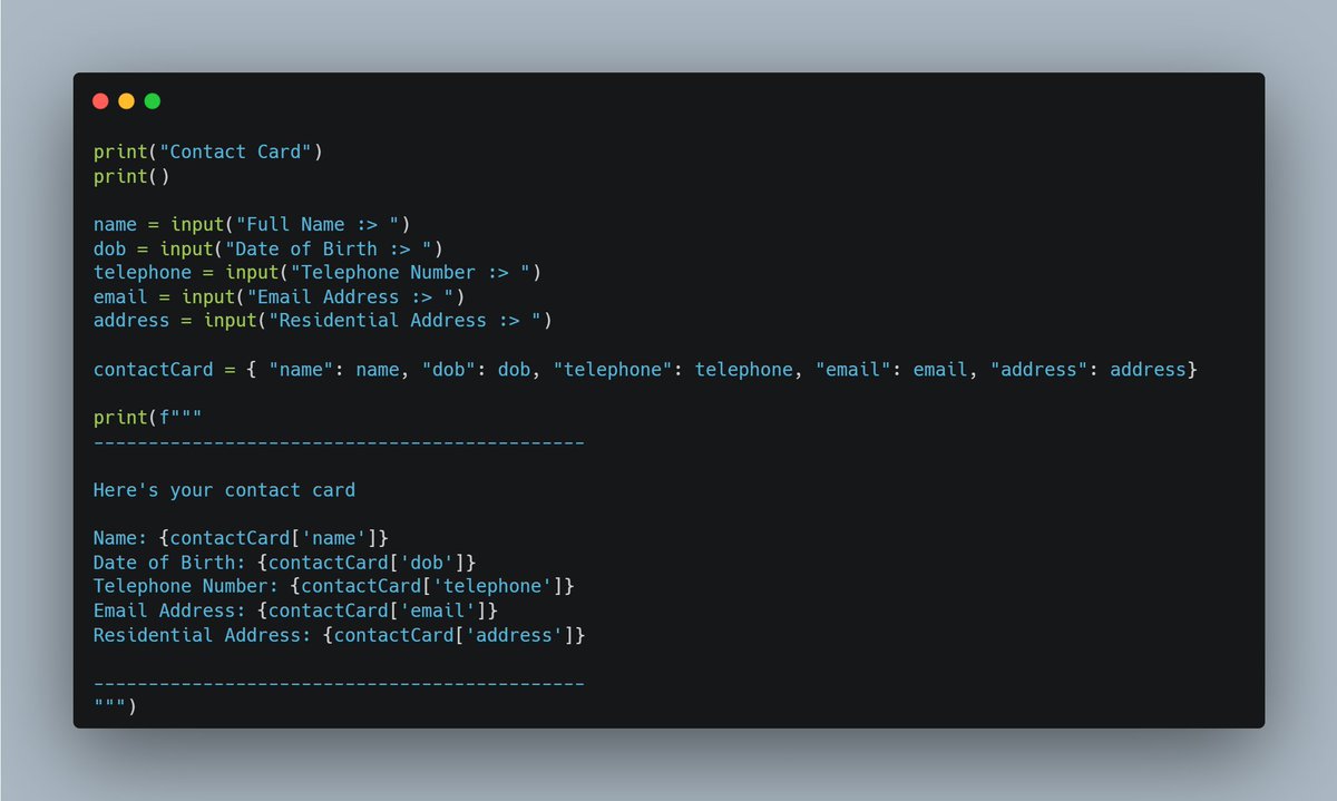 dkingony's tweet image. Day 40 of 100
Today, I learnt new python words from the dictionary 😉Alright, I'll be serious... I learnt the use of dictionaries for storing data in pairs flexible than list.
With that, I wrote a simple contact card program.
#Replit100DaysOfCode #100DaysOfCode #pythonlearning