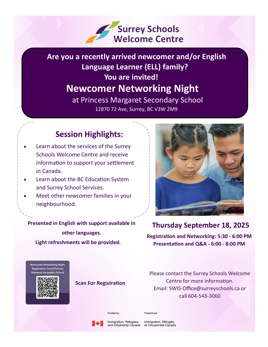 Join us at Princess Margaret Secondary on September 18 for a Newcomer Workshop! Learn about settlement supports, the BC education system, and Surrey Schools services, while meeting other newcomer families in your neighbourhood. 
#sd36learn #surreybc #welcomecentre
