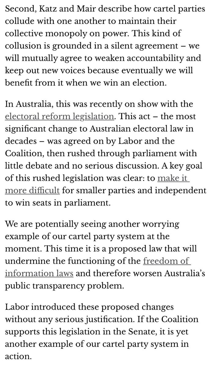 If you’re interested in the strength of our democracy, this is worth a read.

Labor &amp; the Coalition rammed electoral reform laws through parliament to make it harder for minor parties &amp; indies.

Now there's a bill to reduce transparency in the FOI system.
theconversation.com/why-the-rise-o…