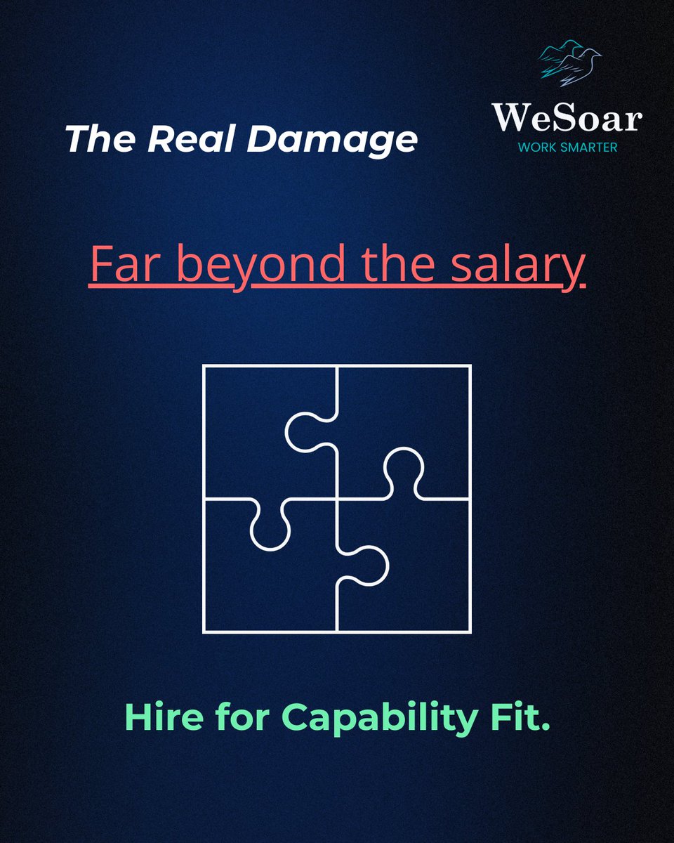 WesoarAi's tweet photo. Bad hire real cost? 

Far beyond the salary. 

Team velocity drops. Top performers leave. Culture shifts. 

Bad hires are not bad people. They are good people in wrong roles. 

Hire the missing puzzle piece, not the CV. 

#HiringStrategy #WorkforceWednesday #Recruitment https://t.co/MdVGxYe4Ii