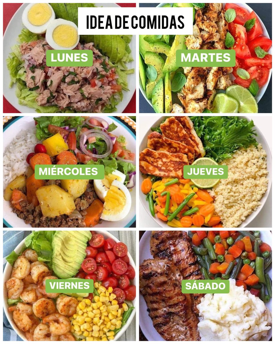 Idea de comidas

Lunes
-Atun
-Huevo cocido
-Aguacate
-Lechuga

Martes
-Pollo
-Aguacate
-Jitomate

Miercoles
-Picadillo 
-Arroz
-Huevo
-Aguacate 

Jueves
-Queso asado
-Arroz
-Verduras

Viernes 
-Camarones
-Aguacate
-Granos de elote

Sabado
-Carne asada
-Puré de papa
-Verduras
