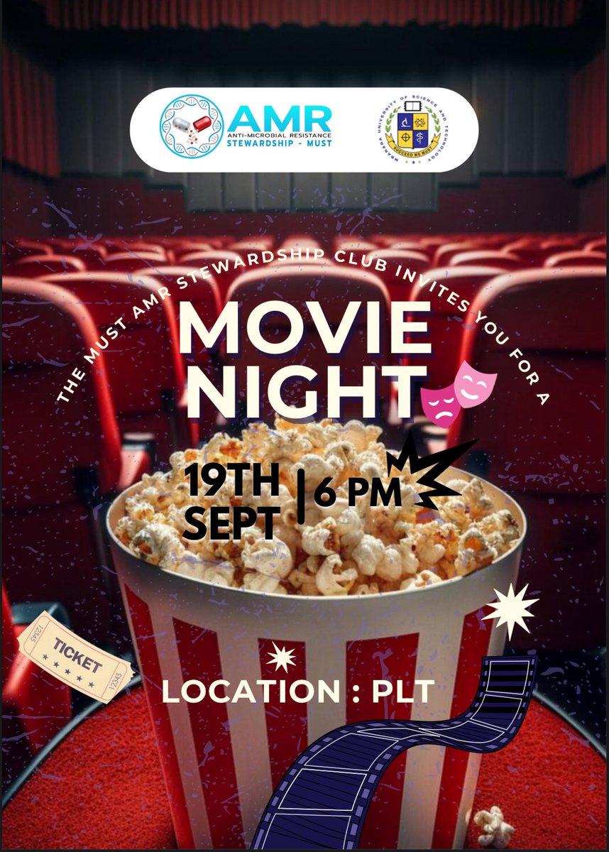 ✨ Movie Night Alert! ✨
The AMR Club of MUST is bringing the big screen vibes to campus! 🍿🥤
📍 PLT Building 
🗓️ 19th Sept 2025
🕒 6pm
Come through with friends, relax, and enjoy a great movie as we spark conversations on fighting Antimicrobial Resistance Don’t miss out! 🔥
