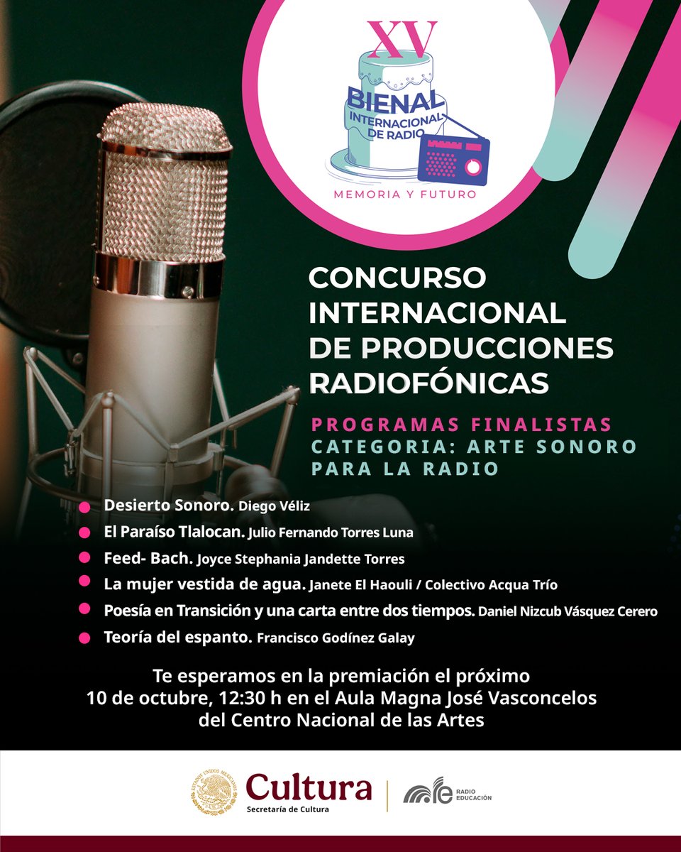 Anunciamos una de las categorías con mayor participación en el Concurso Internacional de Producciones Radiofónicas 🎉

El director de <a href="/Fonoteca/">Fonoteca Nacional</a>, <a href="/titophonos/">tito rivas</a> y Angélica Cortés, parte del jurado, presentan a finalistas de 𝐀𝐫𝐭𝐞 𝐬𝐨𝐧𝐨𝐫𝐨 𝐩𝐚𝐫𝐚 𝐥𝐚 𝐫𝐚𝐝𝐢𝐨 ⬇️