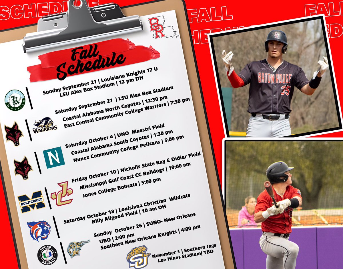 BRCC_Baseball's tweet photo. Hot off the press the 2025 Bears Baseball Fall Schedule. First game is this Sunday Sept 21 at Alex Box Stadium against the Louisiana Knights.  

For the full schedule visit https://t.co/t9jADQgGmz

#clawsup https://t.co/nVfaK2a8DS