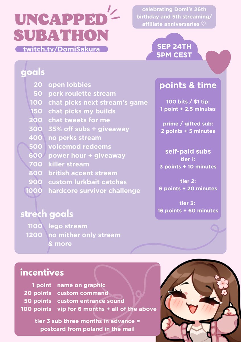 DomiSakura's tweet image. UNCAPPED SUBATHON 🤍

we will be celebrating my 26th birthday as well as my 5th streaming &amp;amp; affiliate anniversaries!

starting on september 24th at 5pm cest 🤍 i hope to see you there!