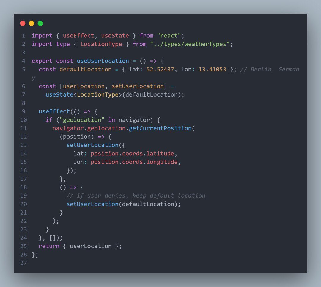 ose_simeon's tweet image. 🎯Day 8 on #FM30Hackathon 🚀
I implemented getting users geolocation on page load to get the weather forecast of their location 
#FM30Hackathon #SoftwareDevelopment #reactjs